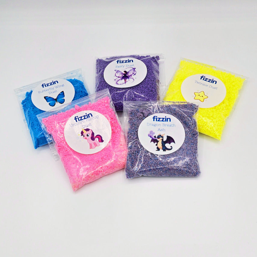 Blue - Butterfly wing dust
Purple - Fairy dust
Yellow - Twinkle dust
Pink - Unicorn hiccup dust
Light Purple - Dragon breath Ash