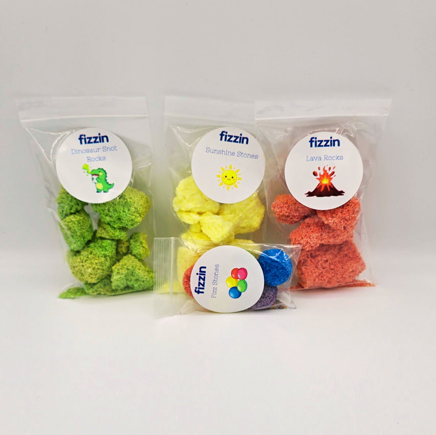 Green - Dinosaur snot rocks
Yellow - Sunshine stones
Red - Lava rocks
Multicolour- Fizz stones